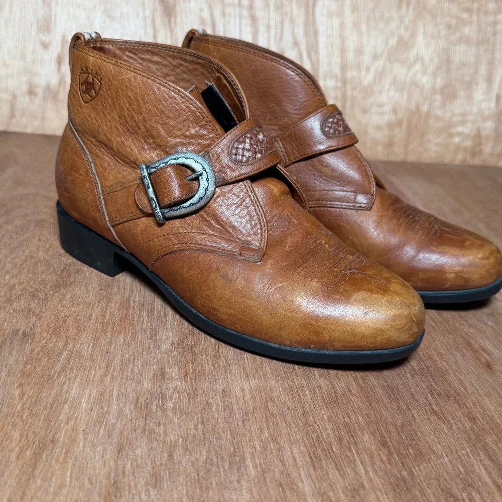Ariat Juliet Tan Leather Western Buckle Ankle Boots Low Heel womens 7 cowboy
